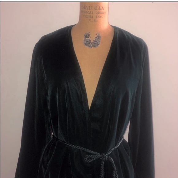 H&M] Blackish Green Velvet Tassel belt Open front wrap Jacket - Picture 6 of 10